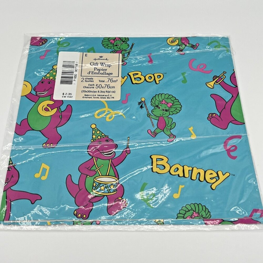 VINTAGE Barney Baby Bop Dinosaur Gift Wrap Wrapping Paper 90's Hallmark 2 Sheets